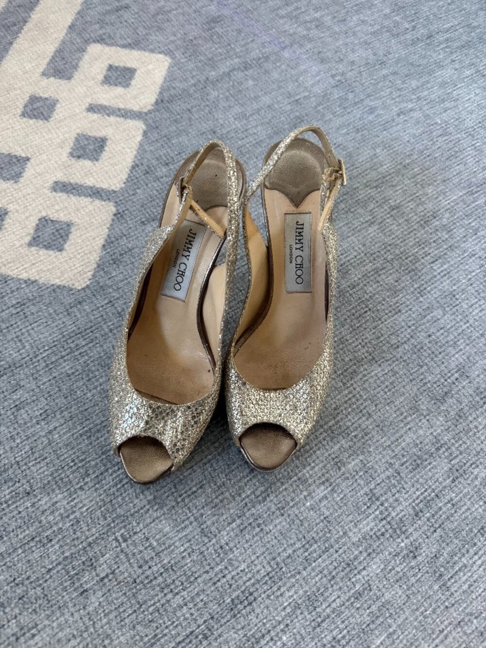 Jimmy Choo Heels Womens 7 Gold Nova Glitter Peep Toe Slingback Platform Stiletto